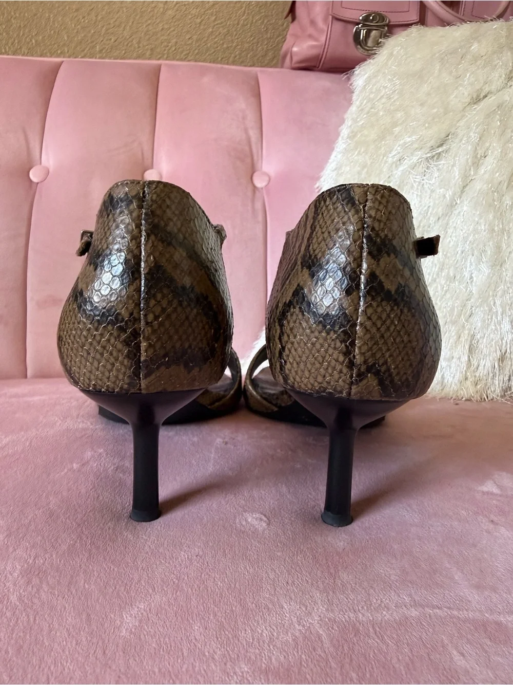 NORDSTROM Women's Brown & Black Snake-Print Leather Ankle Strap Heels. Size 7.5